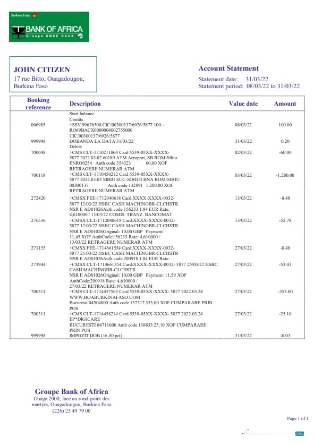 Download Burkina Faso Bank of Africa bank statement word